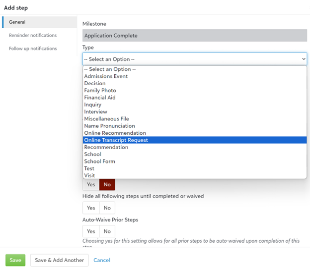 Online Transcript request add step screen